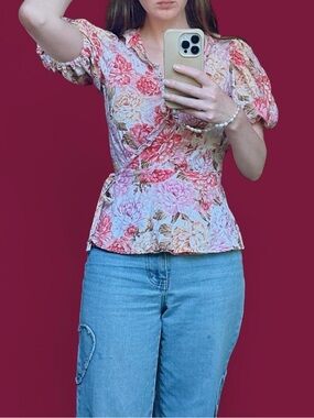 Portmans linen wrap top with puff sleeves